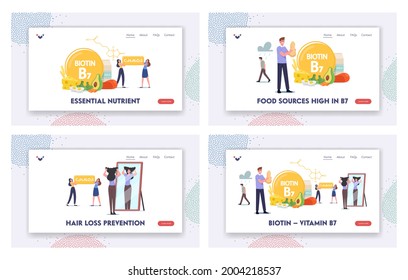 Characters Apply Biotin Supplement Landing Page Template Set. Vitamin B7 for Good Health and Dieting. Pharmaceutical Collagen and Food Contain Natural Ingredients. Cartoon People Vector Illustration