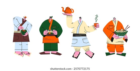 Characters Asian chefs in traditional kimonos and robes hold dishes: ramen, noodles, sushi, rolls. Cartoon people Japanese in national clothes prepare traditional food for cafes and restaurants. 