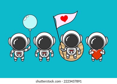 Characters astronaut suites in various poses. nationalities and space. Vector set in cartoon style.