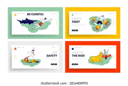 Characters Attacked with Water Animals Landing Page Template Set. Hippopotamus, Crab, Jellyfish and Shark Unexpected Attack during Traveling and Outdoor Recreation. Linear People Vector Illustration