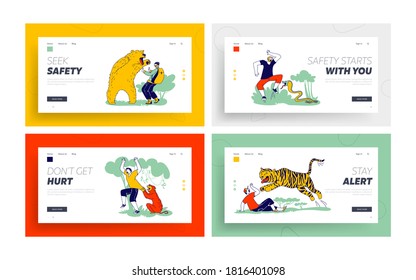 Characters Attacked with Wild Animals Landing Page Template Set. Bear, Tiger and Ape with Moose and Bees. Danger at Outdoor Recreation in Nature, Beast Attack. Linear People Vector Illustration