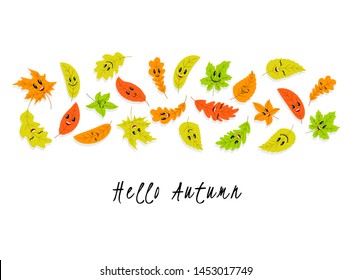 Characters of autumn leaves. Leaves jump, fall and have fun. Vector illustration on white background.