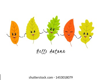 Characters of autumn leaves. Leaves jump, fall and have fun. Vector illustration on white background.