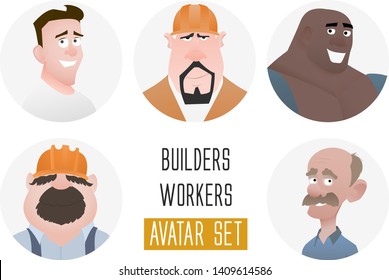 Characters avatars in cartoon flat style. Guys middle and old age. User faces in trendy flat style. Workers and builders people