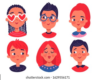 Characters avatars icon in cartoon flat style. Boys and girls hand drawn portraits. Colorful people illustration. Face Set of cute teenagers.