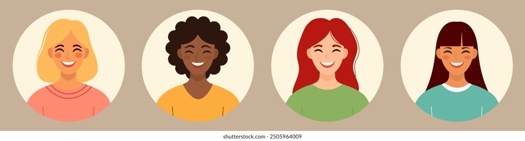 Characters avatars set. Portrait of multicultural multiethnic women with different hairstyles. Young women face portraits in circles. Flat vector illustrations