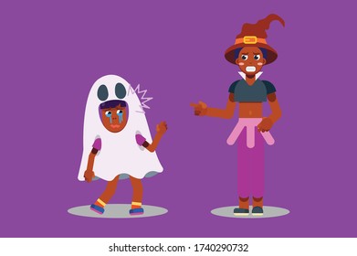 Characters of a bad witch and a poor little girl. Halloween theme. Simple character vector illustration, this illustration can use as a sticker also.