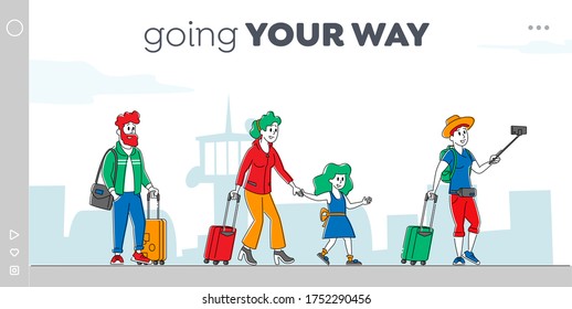 Characters with Bags Boarding on Airplane Landing Page Template. Travelers Go to Aircraft, Passengers Board to Jet. People Travel Woman with Daughter Businessman in Airport. Linear Vector Illustration