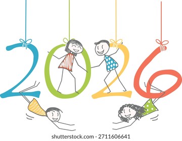 Personajes equilibrando los números del nuevo año 2026