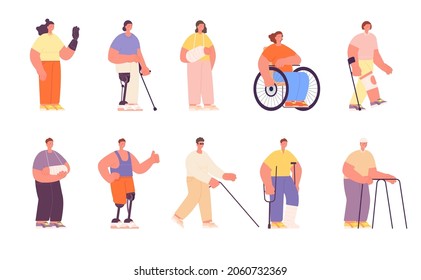 Characters bandaged girl boy. Worker who uses wheelchair, injurious people group. Inclusion and equal person utter vector set