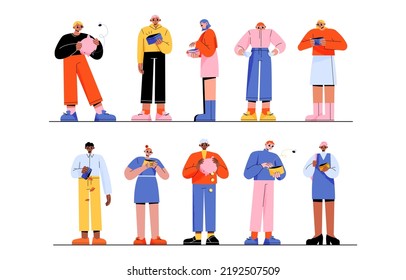 Characters bankrupts, lack of money, financial crisis. Young people with empty pockets, purses and piggy bank. budget problems collapse, credit, mortgage burden Line art flat vector illustration