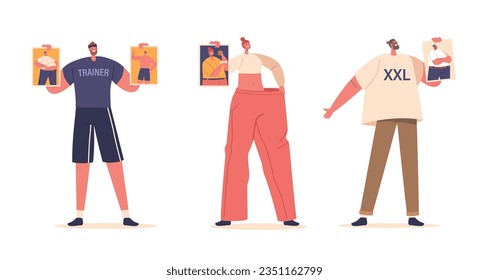 Characters Before And After Weight Loss Transformation, Boosting Confidence And Well-being, Vector Illustration