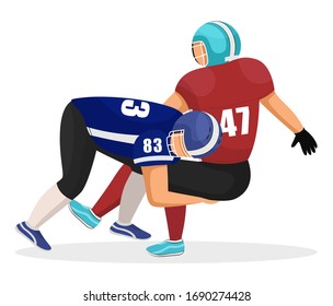 Characters behaving rough while playing in gridiron. Isolated american football players of different teams trying to win game. Male personage making obstacles for footballer. Vector in flat style