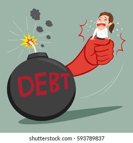 Characters big debt with hand squeezing female debtor, vector illustration cartoon