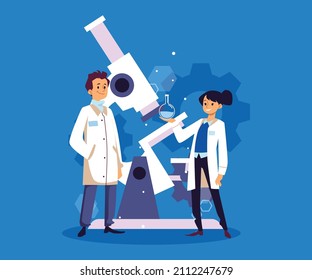 Characters of biomedical and bioengineering scientists in front of huge microscope at backdrop, cartoon flat vector illustration isolated on blue background.