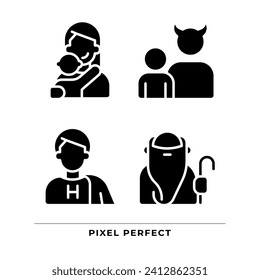 Characters black glyph icons set on white space. Archetypes. Mother, hero and sage. Personality traits. Psychoanalytic theory. Silhouette symbols. Solid pictogram pack. Vector isolated illustration