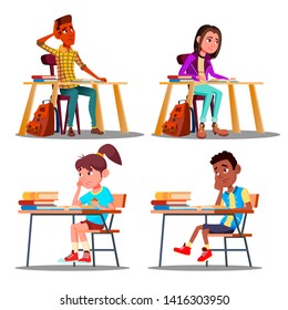 Characters Bored Pupils During Lesson Set Vector. Unhappy Bored Teenager Student Boy And Girl Tired Stressed Of Reading, Doing Homework. Dislike Education Flat Cartoon Illustration