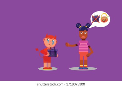 Personajes de un chico con un disfraz de demonio dan su regalo. Tema de Halloween. Simple ilustración vectorial de caracteres, esta ilustración también puede utilizarse como pegatina.