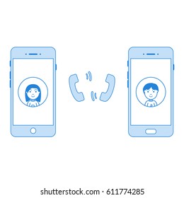 Characters, boy and girl, man and woman with smiling happy faces call each other. Linear design. Vector illustration. EPS10