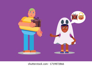 Characters of a boy and a little girl with a ghost costume. Halloween theme. Simple character vector illustration, this illustration can use as a sticker also.