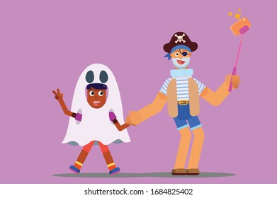 Characters of a boy and little girl Halloween costume look and take a selfie, Halloween theme. Simple character vector illustration, this illustration can use as a sticker also.