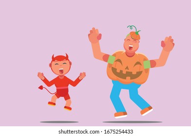 Characters of a boy wearing a devil costume cheering cheerfully with a fat boy wearing a costume, Halloween theme. Simple character vector illustration, this illustration can use as a sticker also.