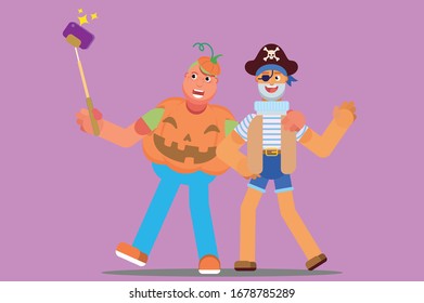 Characters of boys wears Halloween costume takes a selfie together, Halloween theme. Simple character vector illustration, this illustration can use as a sticker also.