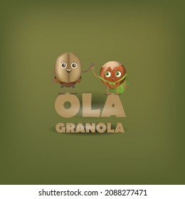 Characters for the brand. A grain of oatmeal and a nut dear friend. Cute characters in brown colors for packaging. The face of the brand. svg
