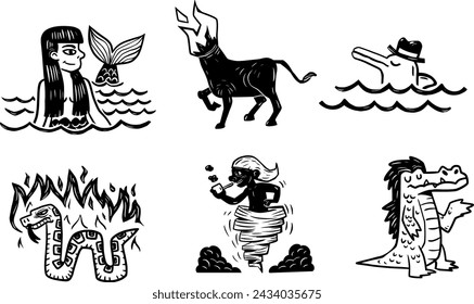 Characters from Brazilian folklore. Woodcut style