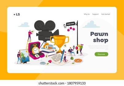 Charaktere bringen Schmuck und Technik-Schrott in die Landing Page Vorlage des Pawn Shop. Kunden kaufen und verkaufen Edelmetallschmuck, Münzen und Gebrauchtgeräte. Vektorgrafik von Cartoon People