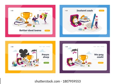 Charaktere bringen Schmuck- und Technique-Scrap in den Pwn Shop Landing Page Template Set. Kunden kaufen und verkaufen Edelmetallschmuck, Münzen und Gebrauchtgeräte. Vektorgrafik von Cartoon People