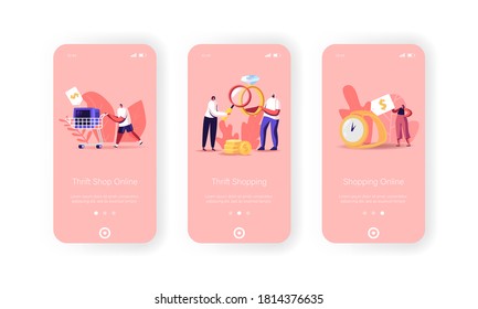 Characters Bring Jewelry and Technique Scrap to Pawn or Thrift Shop Mobile App Page Onboard Screen Template. People Sell and Buy Old Second Hand Things and Jewelry Concept. Cartoon Vector Illustration