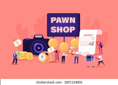 Characters Bring Jewelry and Technique Scrap to Pawn Shop Concept. Customers Buy and Sell Precious Metals Jewels, Ancient Coins and Second Hand Electric Appliances. Cartoon People Vector Illustration