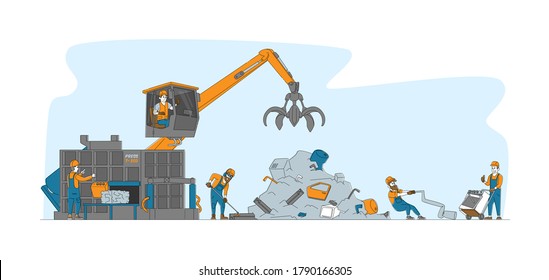 Characters Bring and Recycling Old Metal Things and Broken Technique on Junkyard or Plant. Scrapmetal Recycle Industry, Trash Reuse. Crane Arm Loading Metal Scrap. Linear People Vector Illustration