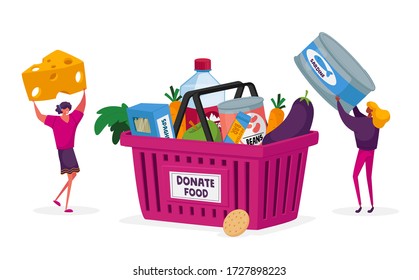 Characters Bringing Foodstuffs for Collecting Donation Box. Volunteers Prepare Food to Poor People. Man and Woman Holding Canned Food Jar and Cheese Poverty, Volunteering. Cartoon Vector Illustration