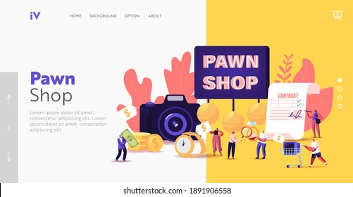 Characters Bringing Scrap to Pawn Shop Landing Page Template. Customers Buy and Sell Precious Metals, Jewels, Ancient Coins and Second Hand Electric Appliances. Cartoon People Vector Illustration