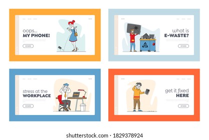 Characters With Broken Gadgets Landing Page Template Set. People Drop Smartphone On Ground. Unlucky Situation With Mobile Phone, Digital Device Repair, Ewaste Recycling. Linear Vector Illustration