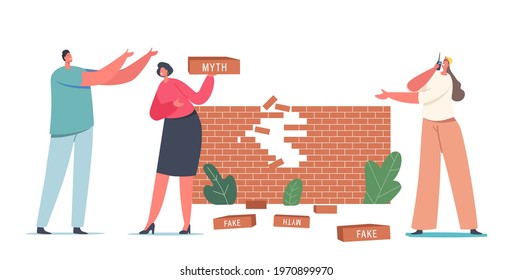 Characters at Broken Myths and Facts Wall, Information Accuracy Concept. Fake News Versus Trust and Honest Data Source. Fiction Authenticity, Verify Rumors Scene. Cartoon People Vector Illustration