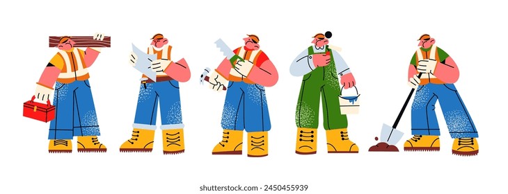 Characters builders workers in helmets. Cartoon repair service workers, engineers, repairmen, industrial workers in uniform with tools. Vector set of mascots in comic doodle style