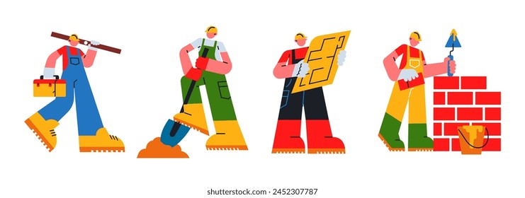 Characters builders workers in helmets. Cartoon repair service workers, engineers, repairmen, industrial workers in uniform with tools. Vector set of mascots in comic doodle style