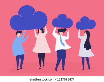 Characters of business people holding cloud icons illustration