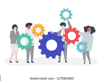 Characters of business people holding cogwheels illustration