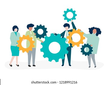 Characters of business people holding cogwheels illustration