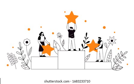 Characters of business success team, leadership, premium qualities in the company. Direction to a successful path. Building a career and a high rating. Vector illustration for web, print, presentation