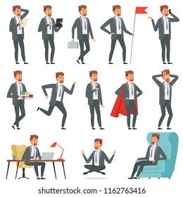 Characters of businessman. Set of businessman in various action poses. Business man worker, entrepreneur professional, vector illustration