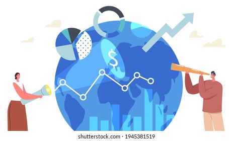 Characters Businessman with Spyglass and Businesswoman with Flashlight Searching Global Investment Opportunity at Earth Globe with Data Analysis Graphs and Charts. Cartoon People Vector Illustration