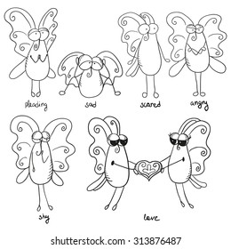 Characters butterflies with different emotions in the hand-drawn doodle style. Cute vector illustration.