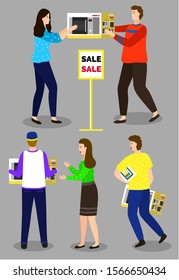 Characters buying appliances for home. People fighting for goods on sale. Man and woman holding microwave oven. Shoppers being angry and rude with each other vector in flat style illustration