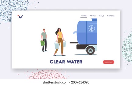 Caracteres Comprando Agua Potable Al Aire Libre Plantilla De La Página De Aterrizaje. Hombre y mujer con baldes en mano hacen cola para comprar Aqua recién limpia en la calle. Ilustración de vectores de personas de caricatura
