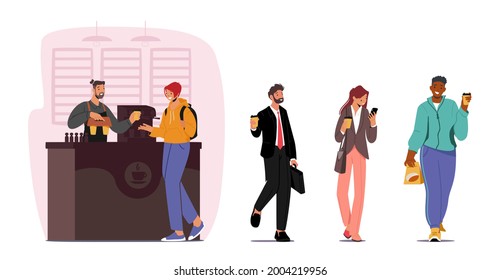 Characters Buying and Drinking Coffee To Go or Takeaway Drinks in Disposable Cardboard Cups. Male and Female Characters Morning Refreshment, Coffee Break at Office. Cartoon People Vector Illustration